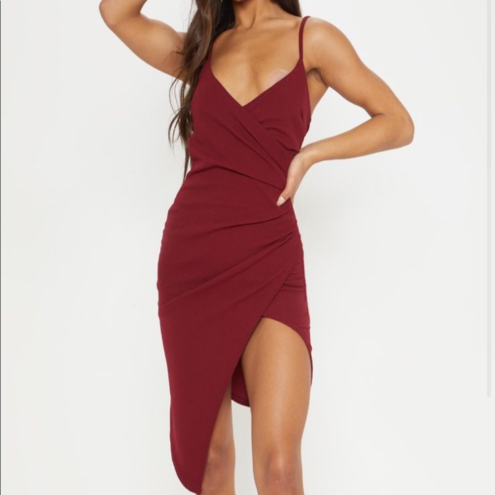 Burgundy wrap front crepe midi dress